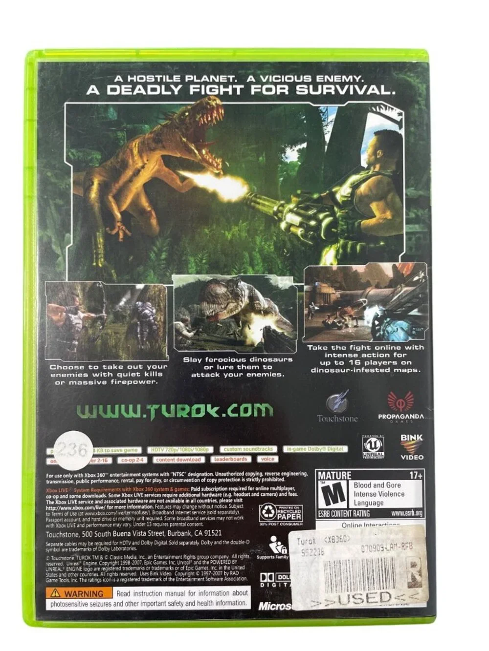 Xbox 360 Turok Game Touchstone Mature 17+ ESRB Rating Dolby Digital Complete